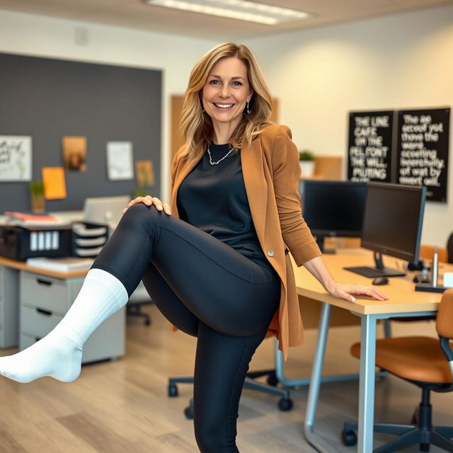 A 40-year-old female principal in a modern office setting, wearing stylish leggings and white socks