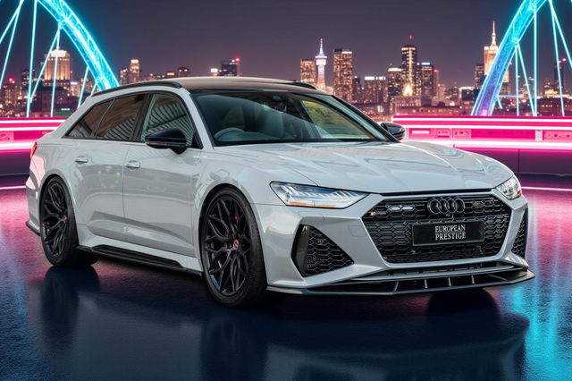 An Audi RS6 in Nardo Grey parked in a vibrant, neon-lit cityscape at night