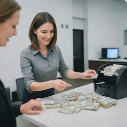 A businesslike woman in a secure bank, placing a stack of cash onto the counter for deposit, with a professional bank teller accurately counting the banknotes.