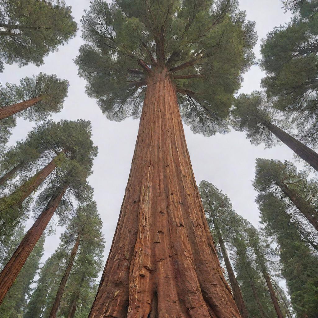 A mesmerizing portrait of the largest and tallest tree in existence, the towering sequoia known as General Sherman. Its majestic stature, with thick, deeply grooved bark and an expansive canopy flowing with green leaves, dominates the landscape with its profound presence.