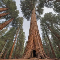 A mesmerizing portrait of the largest and tallest tree in existence, the towering sequoia known as General Sherman. Its majestic stature, with thick, deeply grooved bark and an expansive canopy flowing with green leaves, dominates the landscape with its profound presence.