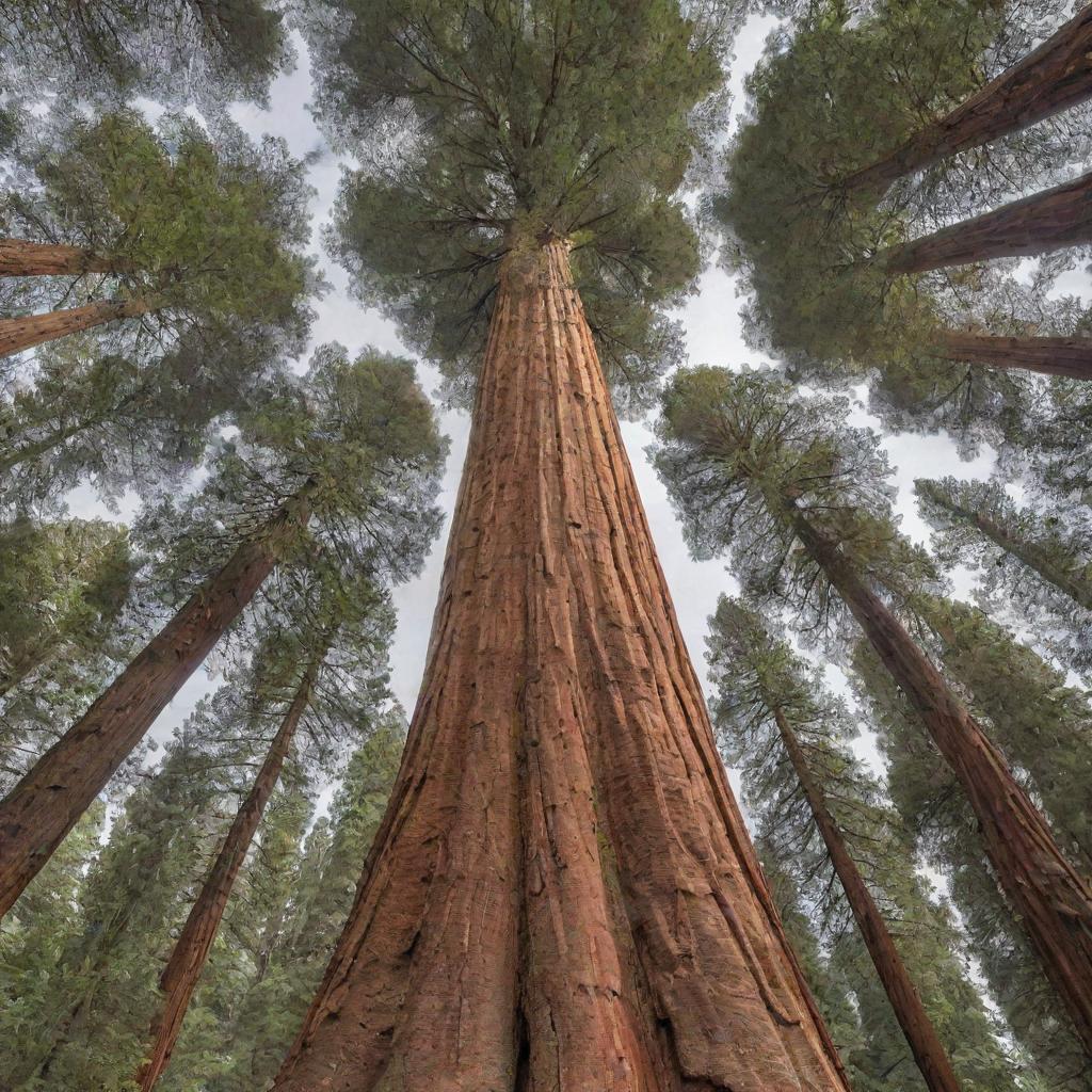 A mesmerizing portrait of the largest and tallest tree in existence, the towering sequoia known as General Sherman. Its majestic stature, with thick, deeply grooved bark and an expansive canopy flowing with green leaves, dominates the landscape with its profound presence.