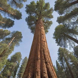 A mesmerizing portrait of the largest and tallest tree in existence, the towering sequoia known as General Sherman. Its majestic stature, with thick, deeply grooved bark and an expansive canopy flowing with green leaves, dominates the landscape with its profound presence.