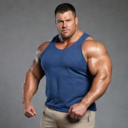 Large, muscular men showing strength, fully dressed in casual attire