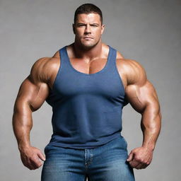 Large, muscular men showing strength, fully dressed in casual attire