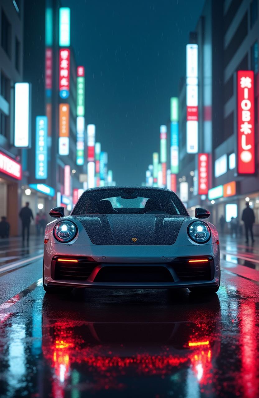 A cinematic night scene showcasing a sleek, modern Porsche driving through a vibrant Tokyo street in the rain