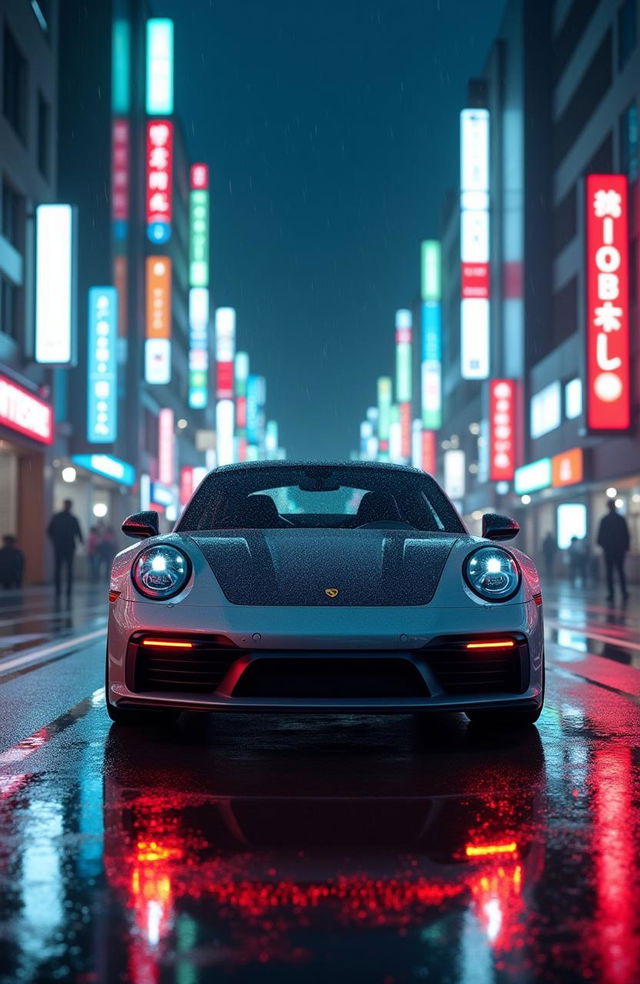 A cinematic night scene showcasing a sleek, modern Porsche driving through a vibrant Tokyo street in the rain