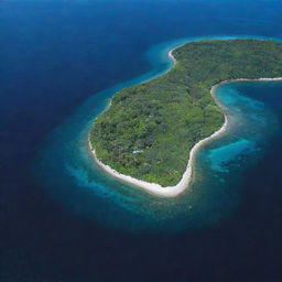 An aerial view of a C-shaped island abundant with lush foliage surrounded by a vibrant blue sea. A solitary white bird soars in the top right corner of the view, under a clear blue sky.