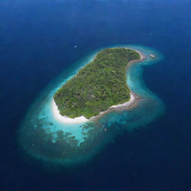 An aerial view of a C-shaped island abundant with lush foliage surrounded by a vibrant blue sea. A solitary white bird soars in the top right corner of the view, under a clear blue sky.