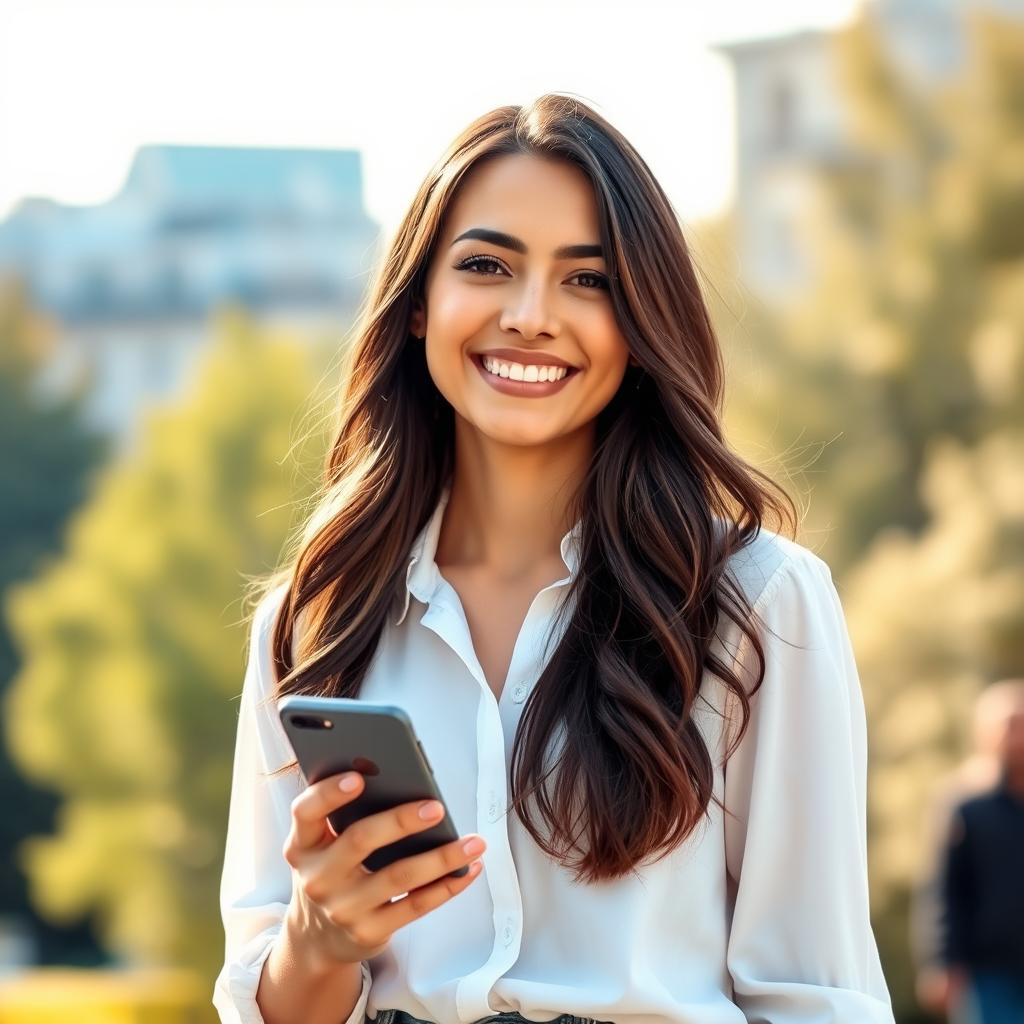 A young woman, aged 25-30, with a friendly and open smile, looking confident and happy while outdoors during the daytime