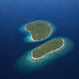 An aerial view of a C-shaped island abundant with lush foliage surrounded by a vibrant blue sea. A solitary white bird soars in the top right corner of the view, under a clear blue sky.