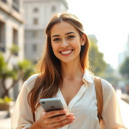 A young woman, aged 25-30, with a friendly and open smile, looking confident and happy while outdoors during the daytime