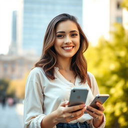 A young woman, aged 25-30, with a friendly and open smile, looking confident and happy while outdoors during the daytime