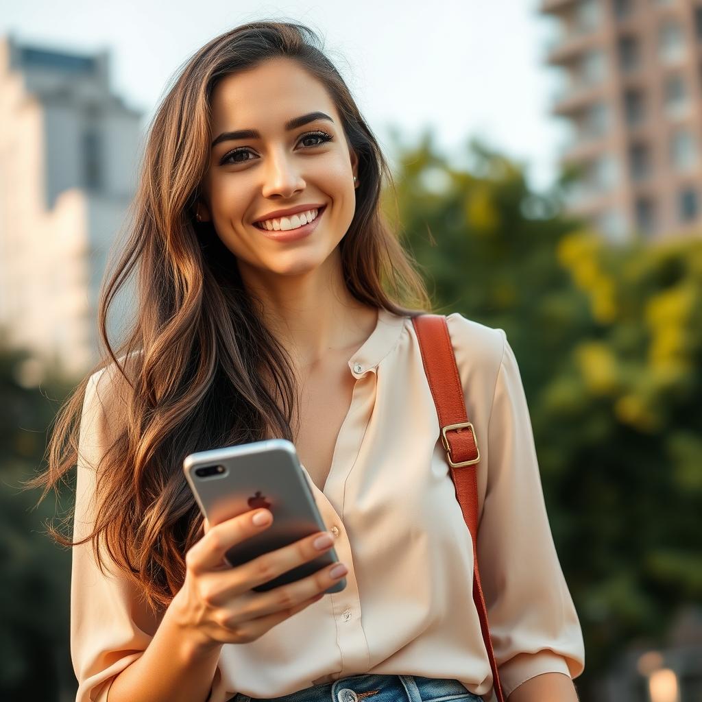 A young woman, aged 25-30, with a friendly and open smile, looking confident and happy while outdoors during the daytime