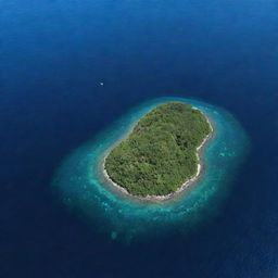 An aerial view of a C-shaped island abundant with lush foliage surrounded by a vibrant blue sea. A solitary white bird soars in the top right corner of the view, under a clear blue sky.