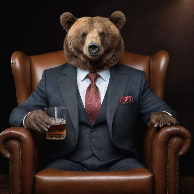 An anthropomorphic brown bear elegantly dressed in a well-tailored suit, sitting comfortably in a leather armchair, holding a crystal glass filled with whiskey, glistening under ambient light.