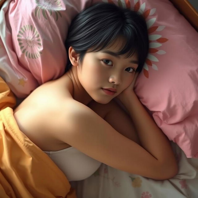 A beautiful young Asian girl with a slim body lying on a bed, characterized by short hair and a relaxed pose