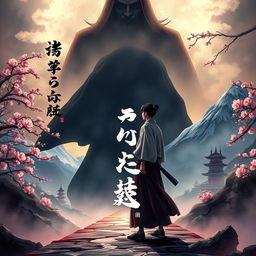 A dramatic book cover illustrating a Japanese character standing at a crossroads, surrounded by a mystical, atmospheric landscape