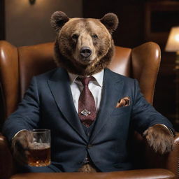 An anthropomorphic brown bear elegantly dressed in a well-tailored suit, sitting comfortably in a leather armchair, holding a crystal glass filled with whiskey, glistening under ambient light.