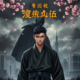 A powerful and gripping book cover depicting a stoic Japanese male character standing at the forefront