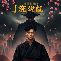 A powerful and gripping book cover depicting a stoic Japanese male character standing at the forefront