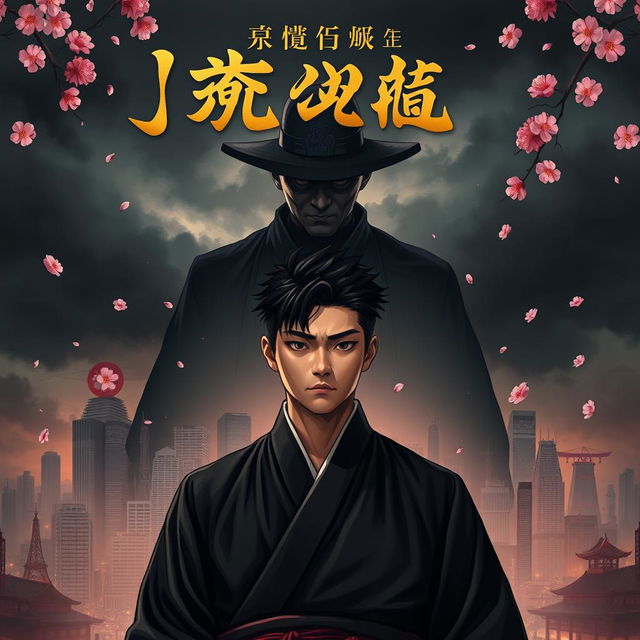 A powerful and gripping book cover depicting a stoic Japanese male character standing at the forefront