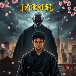 A powerful and gripping book cover depicting a stoic Japanese male character standing at the forefront