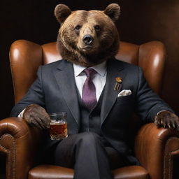 An anthropomorphic brown bear elegantly dressed in a well-tailored suit, sitting comfortably in a leather armchair, holding a crystal glass filled with whiskey, glistening under ambient light.