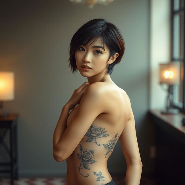 A beautiful young Asian girl with a slim body and short hair, posing gracefully