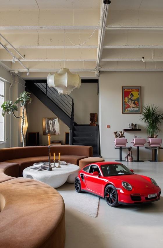 A modern living room featuring a unique and stylish curved brown sofa, a soft white sculptural chair, and elegant decor elements