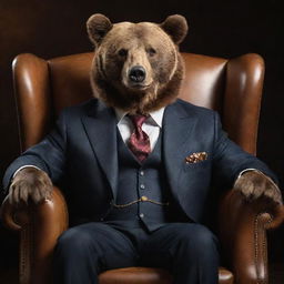 An anthropomorphic brown bear elegantly dressed in a well-tailored suit, sitting comfortably in a leather armchair, holding a crystal glass filled with whiskey, glistening under ambient light.