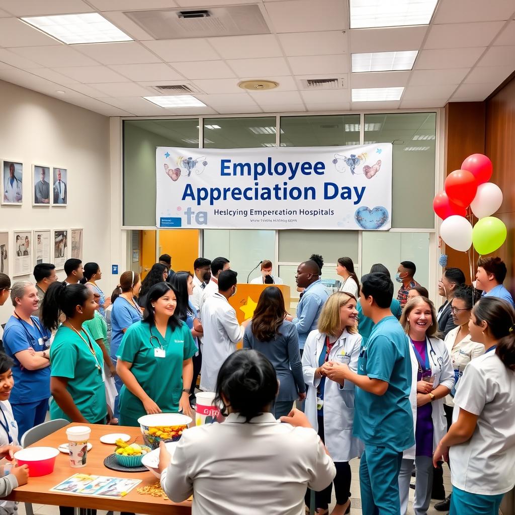 A vibrant employee gathering at a modern hospital, showcasing diverse healthcare professionals engaged in conversations and activities