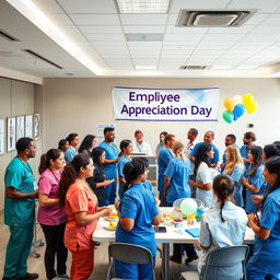 A vibrant employee gathering at a modern hospital, showcasing diverse healthcare professionals engaged in conversations and activities