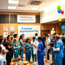 A vibrant employee gathering at a modern hospital, showcasing diverse healthcare professionals engaged in conversations and activities