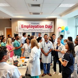 A vibrant employee gathering at a modern hospital, showcasing diverse healthcare professionals engaged in conversations and activities