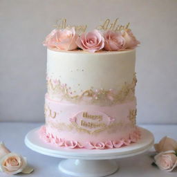 A detailed cake decorated with soft pinks, whites, and golds. The cake features two small, side-by-side hearts in the center, adorned with tiny sprinkles or edible glitter. Surrounding the hearts are delicate buttercream flowers such as roses or lilies. Elegant cursive script spells out 'Happy Anniversary & Happy Birthday Hon'. Finishing touches include delicate gold piped dots or stars.