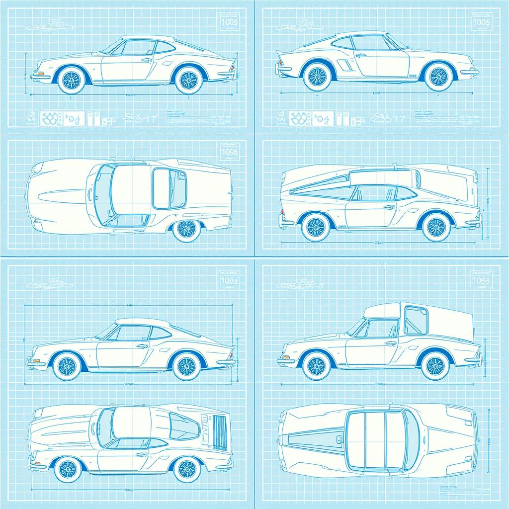 A collection of 10 detailed blueprints showcasing a car body design from various angles