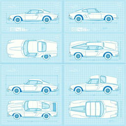 A collection of 10 detailed blueprints showcasing a car body design from various angles