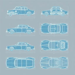 A collection of 10 detailed blueprints showcasing a car body design from various angles