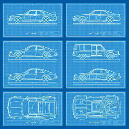 A collection of 10 detailed blueprints showcasing a car body design from various angles
