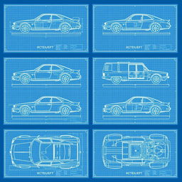 A collection of 10 detailed blueprints showcasing a car body design from various angles