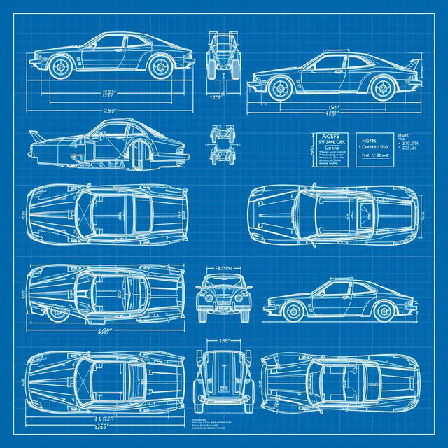 A collection of 10 detailed blueprints showcasing a car body design from various angles