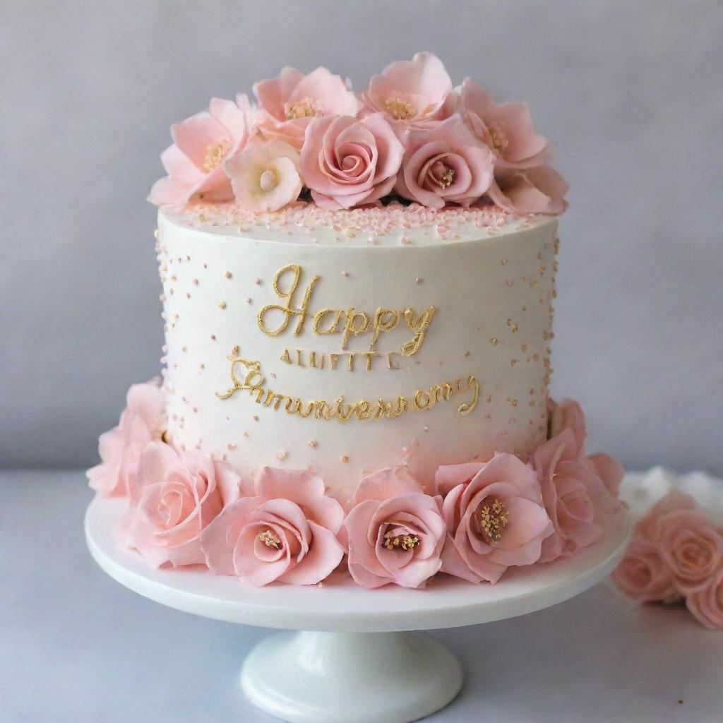 A detailed cake decorated with soft pinks, whites, and golds. The cake features two small, side-by-side hearts in the center, adorned with tiny sprinkles or edible glitter. Surrounding the hearts are delicate buttercream flowers such as roses or lilies. Elegant cursive script spells out 'Happy Anniversary & Happy Birthday Hon'. Finishing touches include delicate gold piped dots or stars.