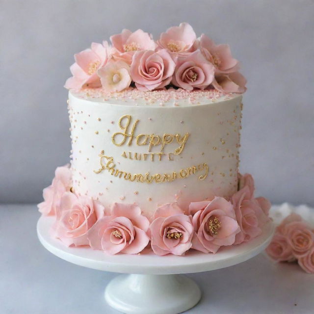 A detailed cake decorated with soft pinks, whites, and golds. The cake features two small, side-by-side hearts in the center, adorned with tiny sprinkles or edible glitter. Surrounding the hearts are delicate buttercream flowers such as roses or lilies. Elegant cursive script spells out 'Happy Anniversary & Happy Birthday Hon'. Finishing touches include delicate gold piped dots or stars.