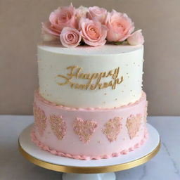 A detailed cake decorated with soft pinks, whites, and golds. The cake features two small, side-by-side hearts in the center, adorned with tiny sprinkles or edible glitter. Surrounding the hearts are delicate buttercream flowers such as roses or lilies. Elegant cursive script spells out 'Happy Anniversary & Happy Birthday Hon'. Finishing touches include delicate gold piped dots or stars.