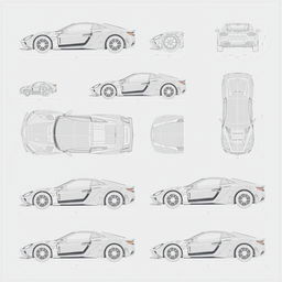 A series of 10 detailed blueprints of a car body, depicting various angles and perspectives