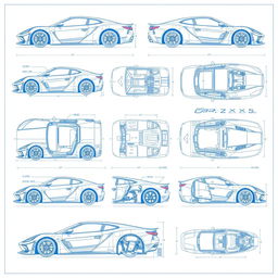 A series of 10 detailed blueprints of a car body, depicting various angles and perspectives