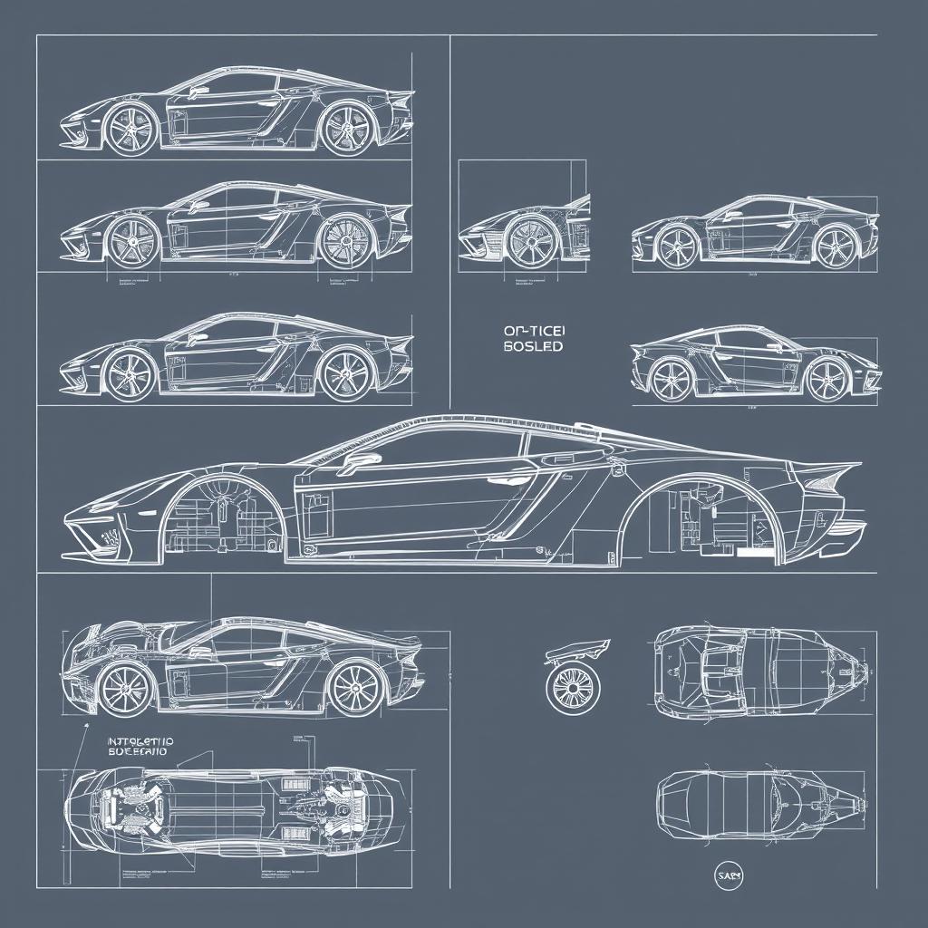 A series of 10 detailed blueprints of a car body, depicting various angles and perspectives