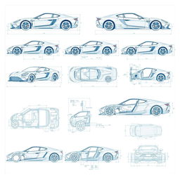 A series of 10 detailed blueprints of a car body, depicting various angles and perspectives