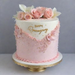 A detailed cake decorated with soft pinks, whites, and golds. The cake features two small, side-by-side hearts in the center, adorned with tiny sprinkles or edible glitter. Surrounding the hearts are delicate buttercream flowers such as roses or lilies. Elegant cursive script spells out 'Happy Anniversary & Happy Birthday Hon'. Finishing touches include delicate gold piped dots or stars.